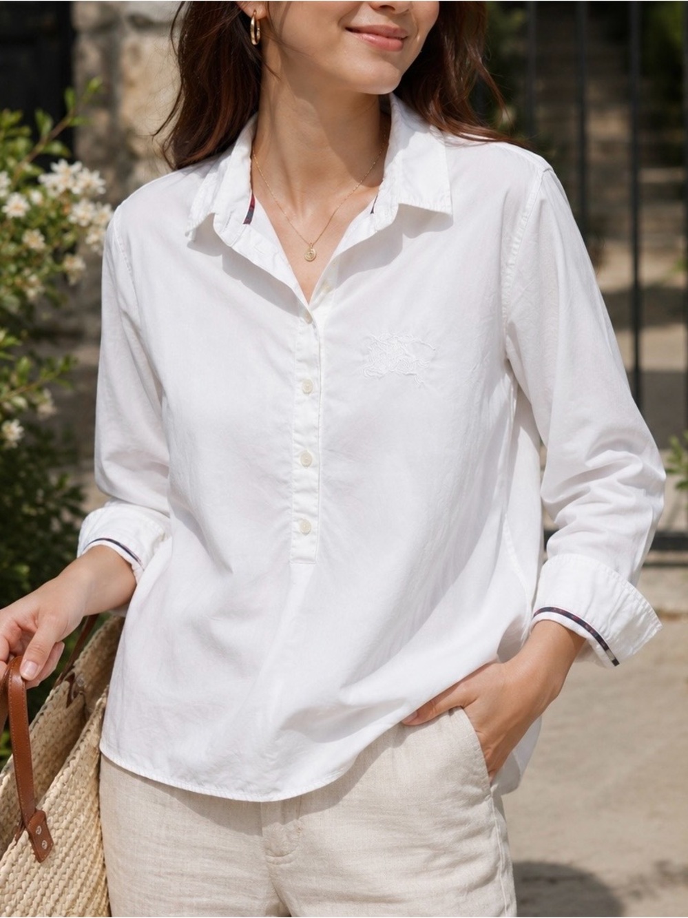 Burberry Brit Tunic Popover Top Long Sleeve Embroidered Logo Cotton White Size S - Picture 12 of 12